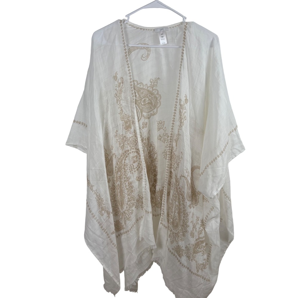 J. Jill Kimono Wrap Women's XL-3X White Tan Cotton Sheer Boho Hippie Layering